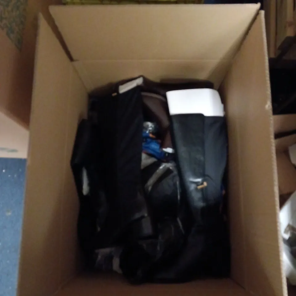 BOX OF APPROXIMATELY 20 PAIRS OF SHOES TO INCLUDE: SILVER ADIDAS TRAINERS AND BLACK BOOTS