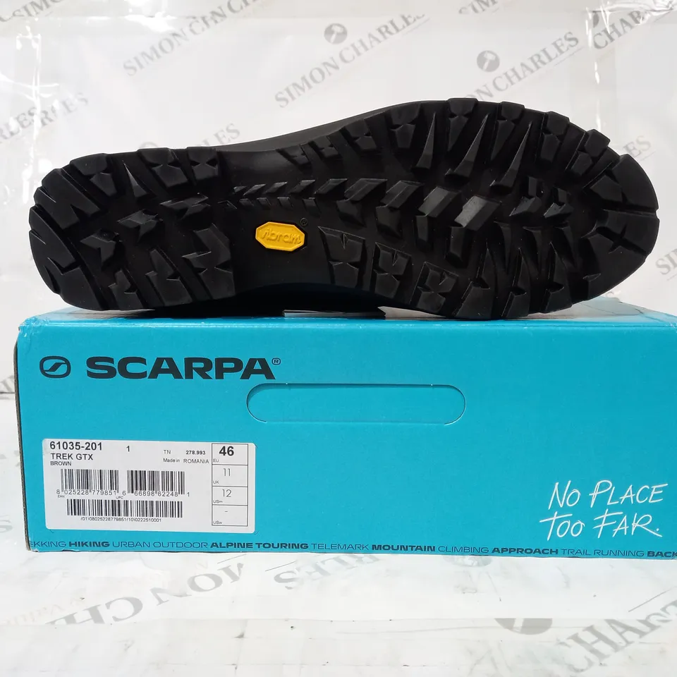 BOXED PAIR OF SCARPA TREK GTX BOOTS IN BROWN UK SIZE 11