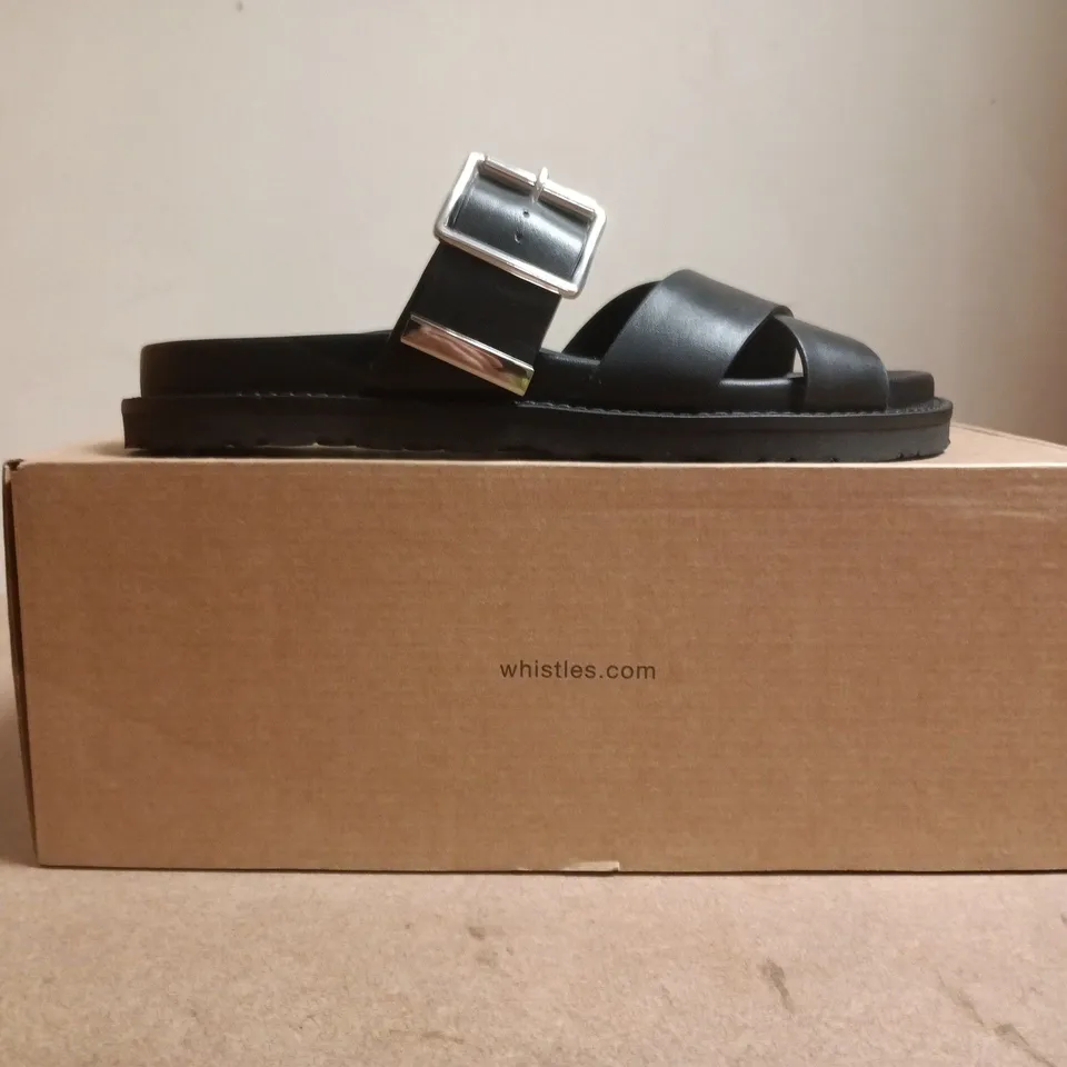 BOXED PAIR OF WHISTLES OPEN TOE SANDALS IN BLACK SIZE EU 38