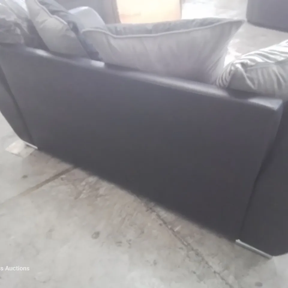 DESIGNER HILTON TWO SEATER SOFA WITH REVERSIBLE SCATTER CUSHIONS BLACK FAUX LEATHER & GREY FABRIC