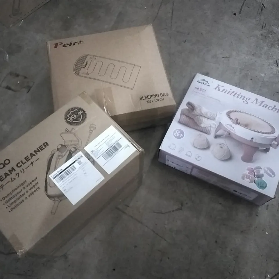 PALLET OF HOUSEHOLD ITEMS TO INCLUDE SLEEPING BAG,KNITTING MACHINE, STEAM CLEANER AND OTHER ASSORTED ITEMS...