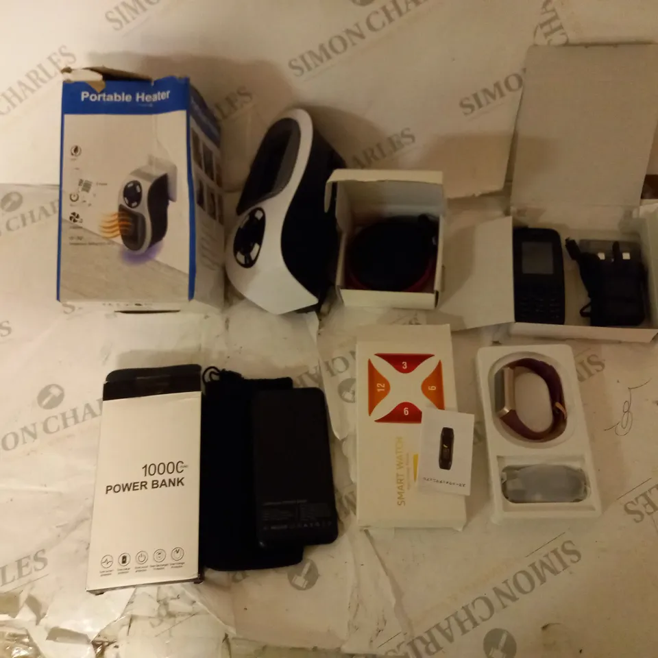 BOXED ASSORTMENT OF ELECTRICAL ITEMS TO INCLUDE HEATER, WIRELESS SPEAKER, MOBILE PHONE, 10000MAH POWER BANK AND SMART WATCH