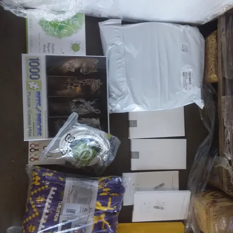 PALLET OF ASSORTED ITEMS INCLUDING 1000 PIECE PUZZLE, NFL VIKINGS CREW NECK PJ SET, PROTECT CASE FOR AIRTAGS, ZOVORIE PUMICE STONES, ETHERNET CABLES, ANSWERS HYDRA REPAIR MASK