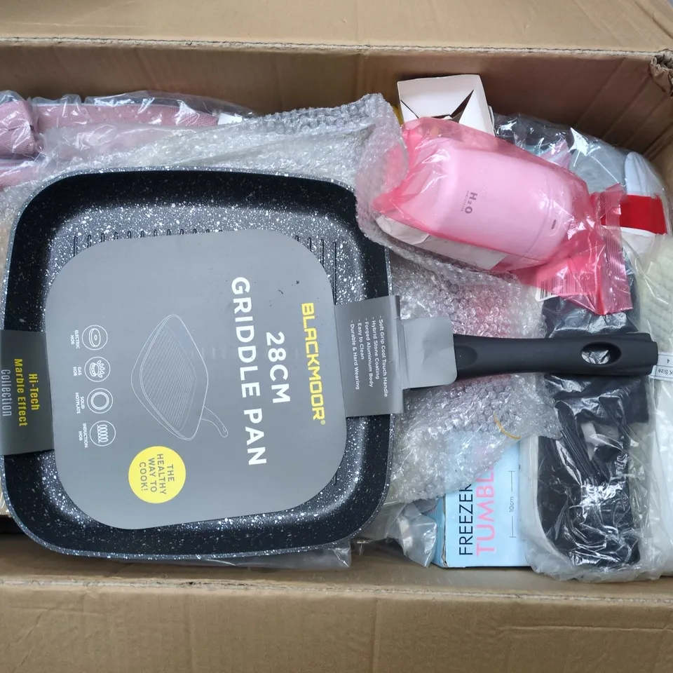 BOX OF APPROXIMATELY 15 ASSORTED ITEMS TO INCLUDE - PANS , SHOES , CLOTHING , ETC 