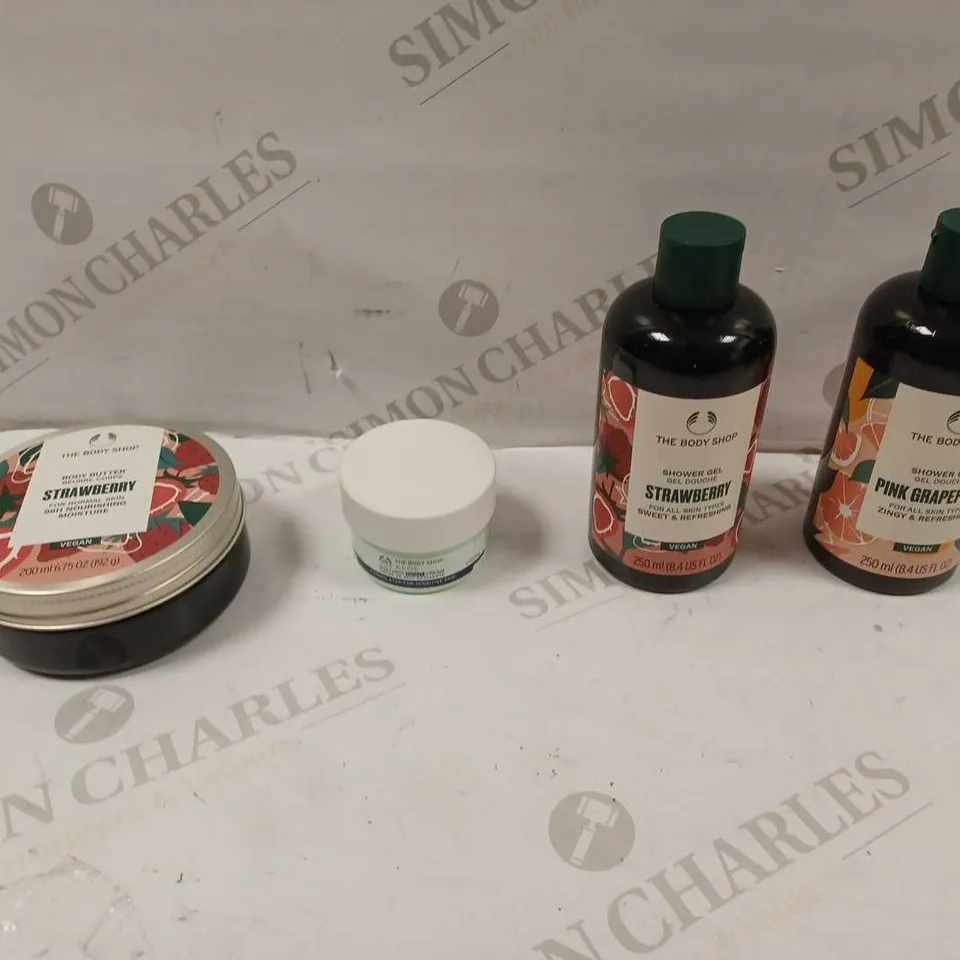 THE BODY SHOP ITEMS - PINK GRAPEFRUIT SHOWER GEL, STRAWBERRY SHOWER GEL, STRAWBERRY BODY BUTTER, AND ALOE SOOTHING NIGHT CREAM
