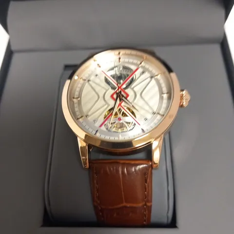 BOXED MENS VONLANTHEN AUTOMATIC WATCH β SILVER AND RED TEXTURED DIAL β ROSE GOLD COLOUR CASE - GLASS EXHIBITION BACKCASE β BLACK LEATHER STRAP