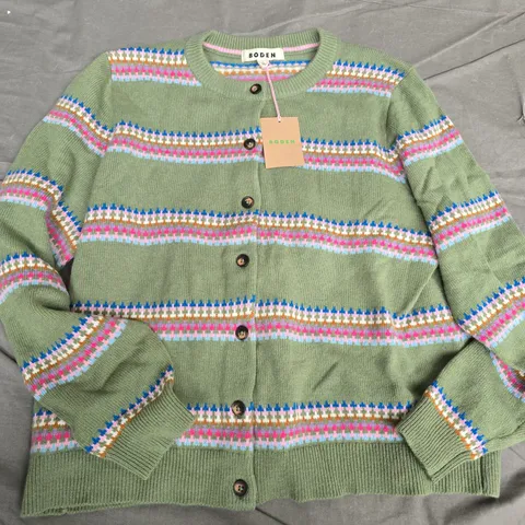 BODEN WOMEN'S CARDIGAN - GREEN WITH MULTICOLOUR STRIPE KNIT, SIZE L