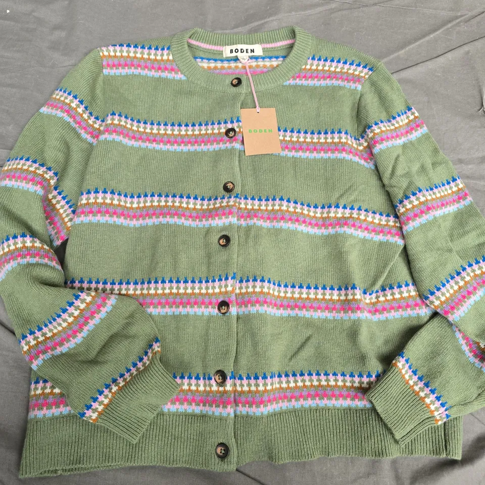 BODEN WOMEN'S CARDIGAN - GREEN WITH MULTICOLOUR STRIPE KNIT, SIZE L