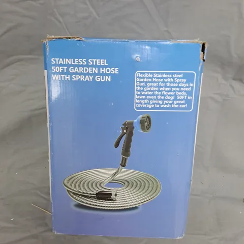 STAINLESS STEEL 50FT GARDEN HOSE WITH SPRAY GUN – BOXED