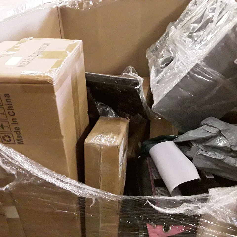 PALLET OF ASSORTED PRODUCTS INCLUDING BABY WALKER, TOWEL RACK, METAL SHOE RACK, GRANITE FRY PAN, DISH RACK