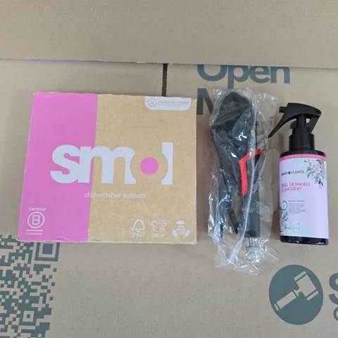 APPROXIMATELY 15 ASSORTED HOUSEHOLD PRODUCTS TO INCLUDE SASSY SCENTS ROOM SPRAY, SMOL DISHWASHER TABLETS, PLIERS ETC 