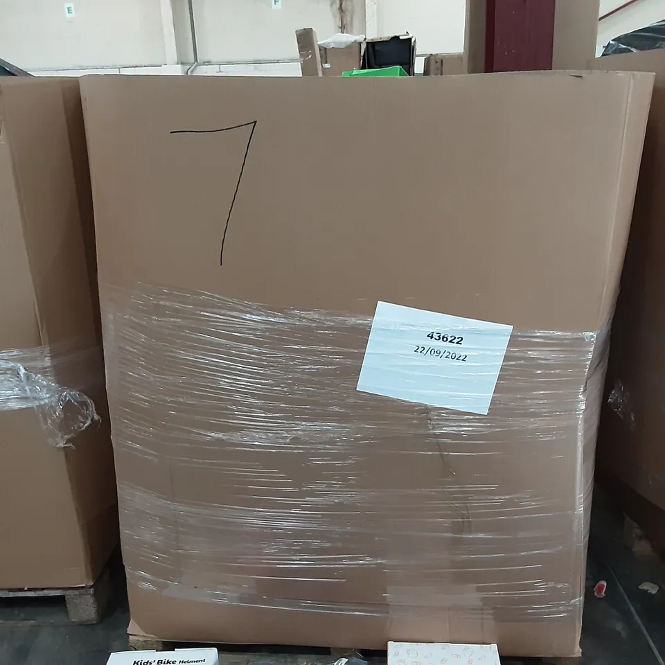 PALLET OF ASSORTED PRODUCTS TO INCLUDE CRZKO KIDS HELMET, WILDYA SPORTS PROTETIVE GEAR SET, KUSTAR HELMET, FREE BREATH SNORKELING MASK, AKASO KIDS BIKE HELMET, BLOSTM CHAINSAW SAFETY HELMET