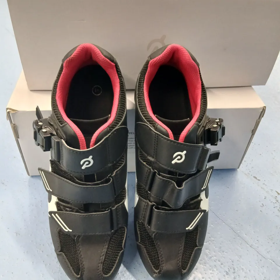PELOTON CYCLING SHOES – BLACK WITH RED INTERIOR, VELCRO STRAPS USED SIZE 41