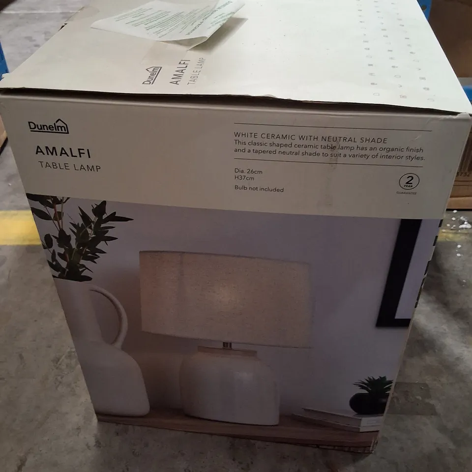 BOXED DUNELM AMALFI TABLE LAMP - WHITE CERAMIC WITH NEUTRAL SHADE