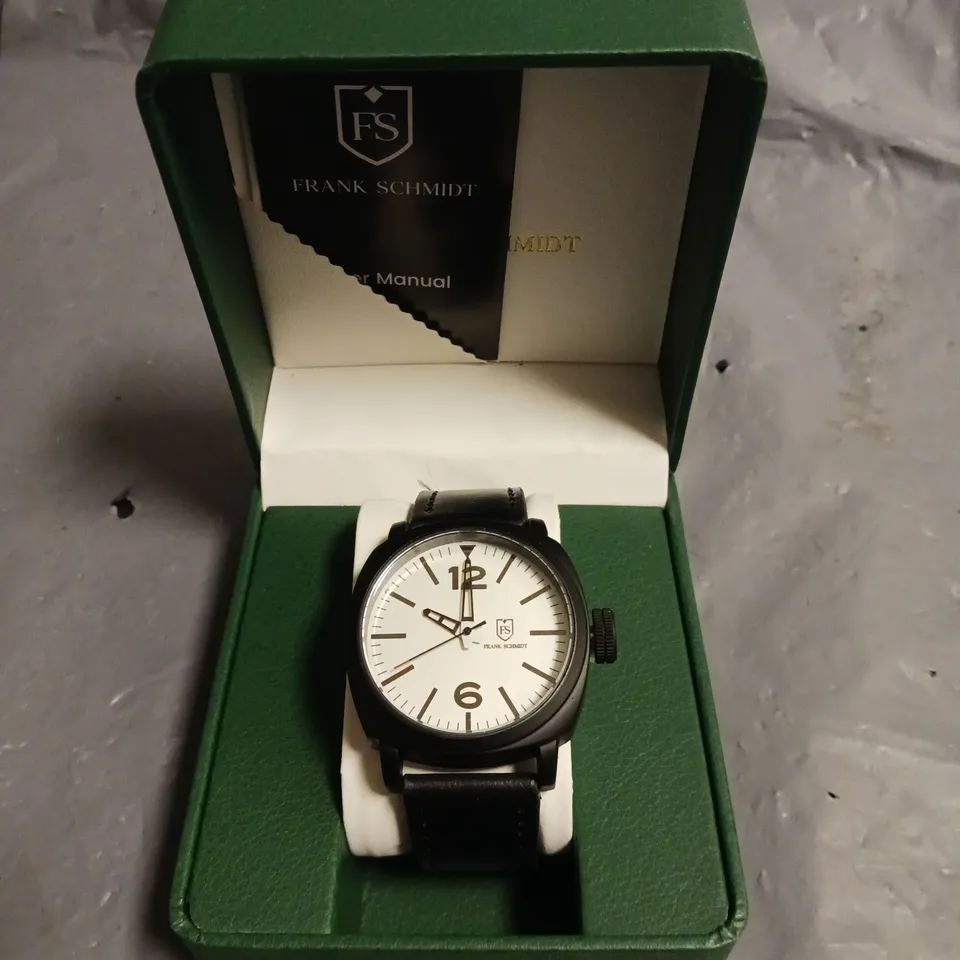 FRANK SCHMIDT WHITE DIAL GENTS WATCH WITH BLACK CASE AND LEATHER STRAP IN PRESENTATION BOX