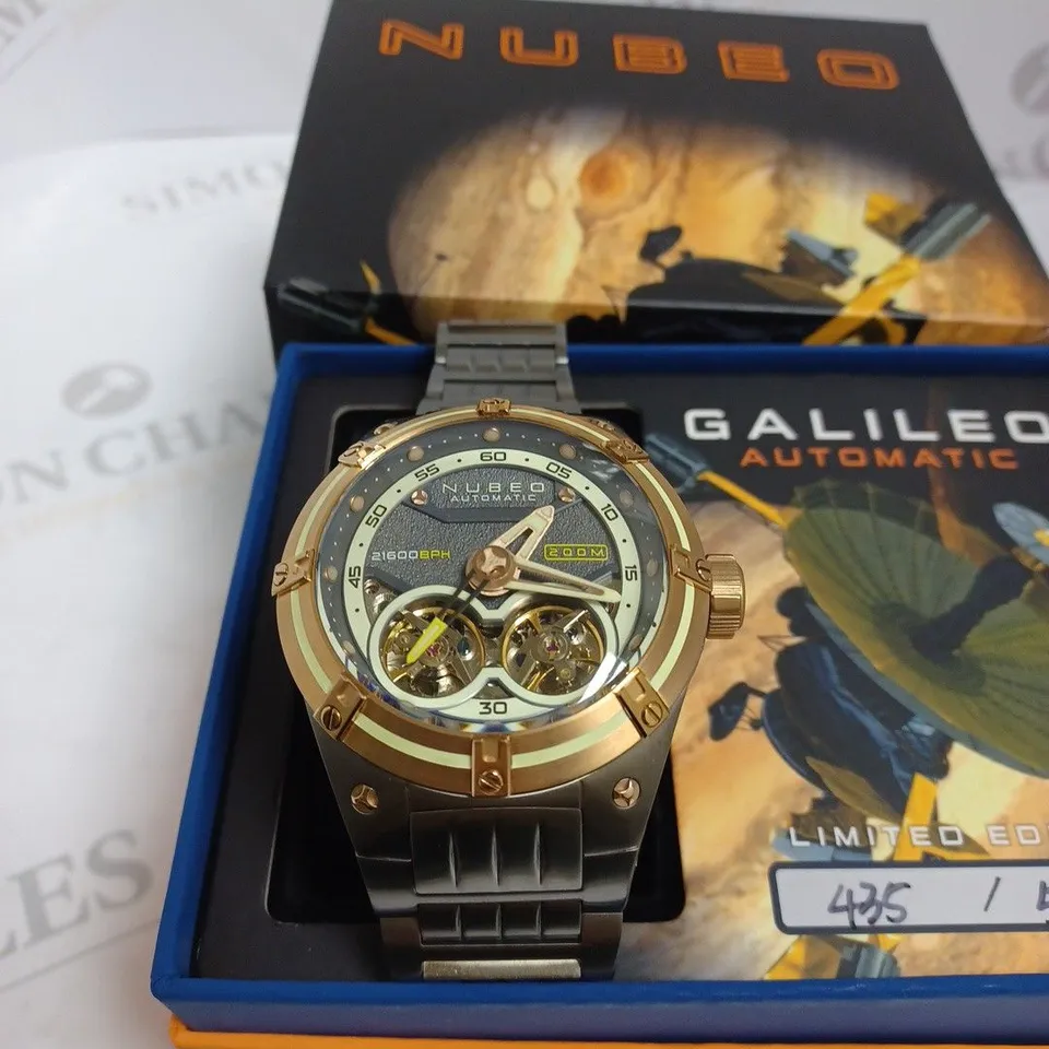 BOXED NUBEO GENTS GALLILEO LTD ED AUTOMATIC WATCH 435/500 STAINLESS STEEL - WITH NUSOUND WIRELESS EAR BUDS