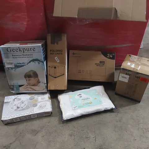 PALLET OF ASSORTED ITEMS INCLUDING: FHD 24" MONITOR, LED MEDICINE CABINET, STAIR STEPPER, AIRCOOLER, REVERSE OSMOSIS WATER FILTRATION SYSTEM ECT