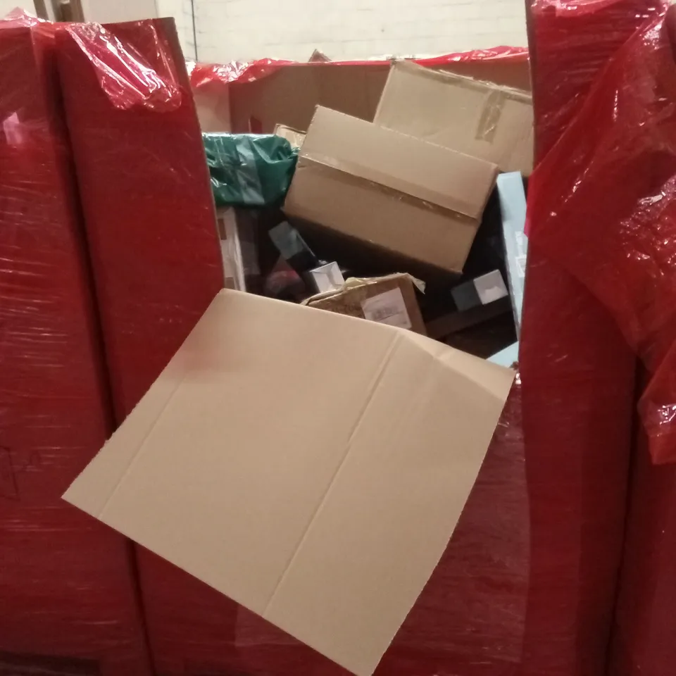 PALLET OF ASSORTED HOUSEHOLD GOODS AND PRODUCTS TO INCLUDE; A LARGE QUANTITY OF MOUSE MATS, STEAM CLEANER, BOXED FURNITURE ETC