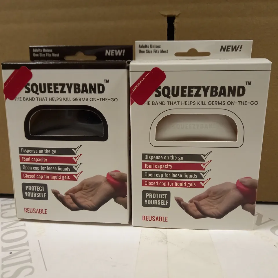 LOT OF 2 SQUEEZYBAND PORTABLE HAND SANITIZER DISPENSERS