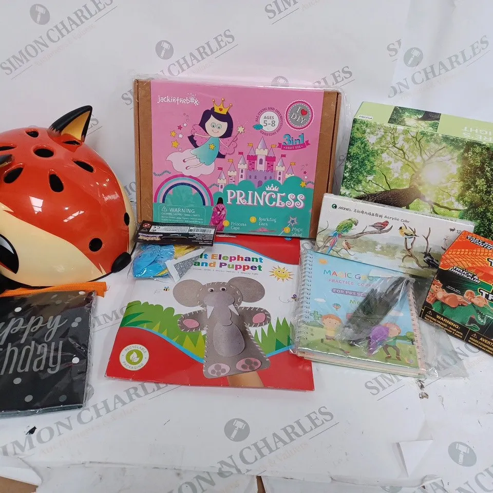 LARGE QUANTITY OF ASSORTED TOYS, GAMES, GIFTS AND NOVELTIES TO INCLUDE DINOS TRUCKS, CORSA KIDS HELMET, NATURES SUNLIGHT 1000PC PUZZLE, ETC