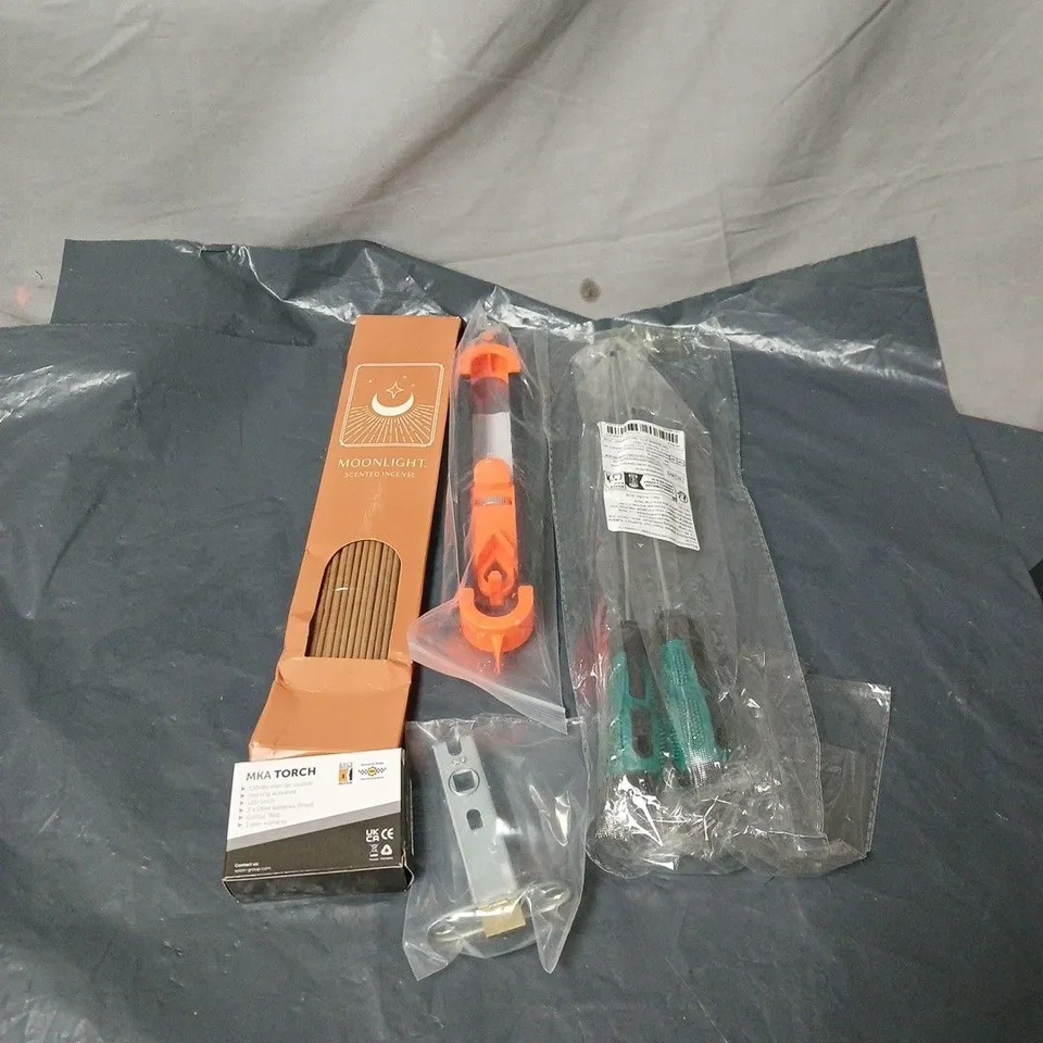 APPROXIMATELY 18 ASSORTED ITEMS TO INCUDE SCENTED INCENSE, MKA TORCH, TOOLS ETC