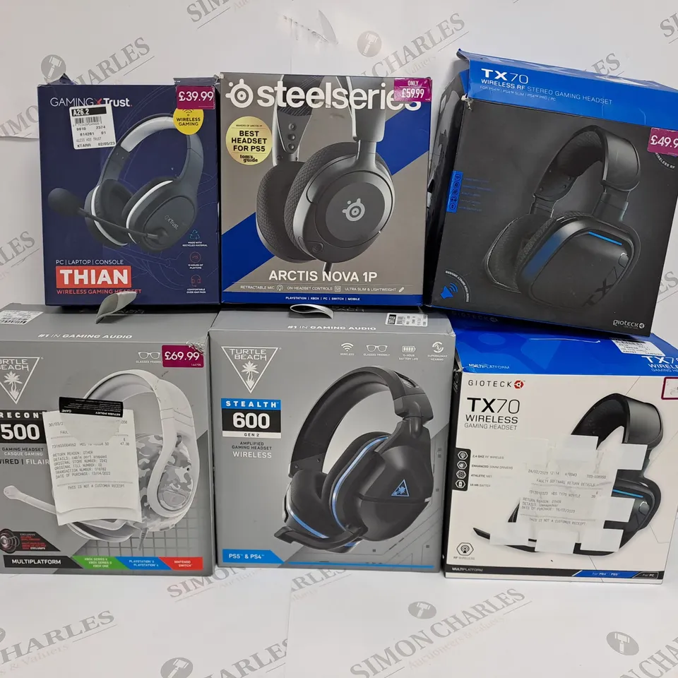 6 ASSORTED GAMING HEADSETS TO INCLUDE GIOTECK TX70, STEELSERIES ARCTIS NOVA 1P, TURTLE BEACH STEALTH 600 GEN 2 