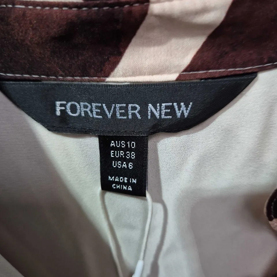 FOREVER NEW PRINTED SATIN DRESS – BROWN & CREAM ABSTRACT PATTERN, AUS 10 (UK SIZE UNCONFIRMED)