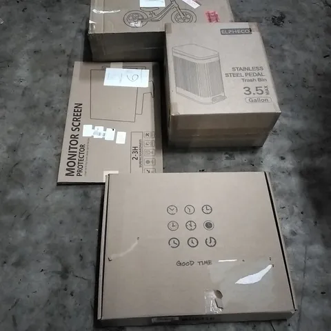 PALLET OF HOUSEHOLD ITEMS TO INCLUDE WALL CLOCK,MONITOR SCREEN PROTECTOR,STAINLESS STEEL PEDAL TRASH BIN,BALANCE BIKE AND OTHER ASSORTED ITEMS...