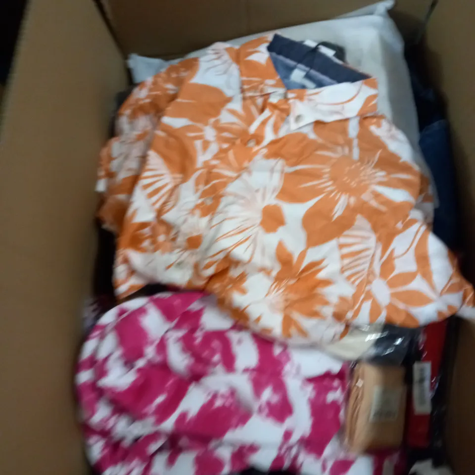 BOX OF ASSORTED CLOTHING ITEMS TOO INCLUDE JUMPERS, SHIRTS AND TROUSERS IN VARIOUS SIZES AND COLOURS   