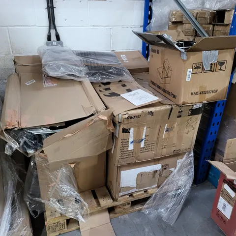 PALLET OF APPROXIMATELY 10 ASSORTED TOOLS, HOME AND KITCHEN APPLIANCES TO INCLUDE BLACK FABRIC FRAME BUILD ABLE WARDROBE, SAWKSIM TABLE SAW, MODEL 81 ELECTRIC FRYER, STITCH PINK CHILDS BIKE, ETC