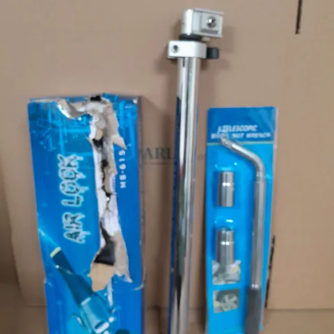BOX OF ASSORTED CAR ITEMS TO INCLUDE - BIKE SEAT POLE - NUT WRENCH - AIR LOCK / COLLECTION ONLY