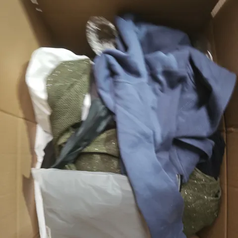 LARGE BOX OF APPROXIMATELY 25 ASSORTED CLOTHING ITEMS IN VARIOUS COLOURS, STYLES AND SIZES - COLLECTION ONLY