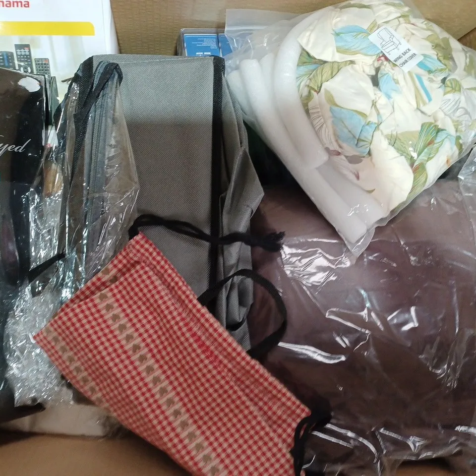 BOX OF APPROXIMATELY 20 ASSORTED HOUSEHOLD ITEMS TO INCLUDE SAFETY RCD ADAPTOR, LUNCH BOX IN PINK, DMC COTTON BALLS, ETC