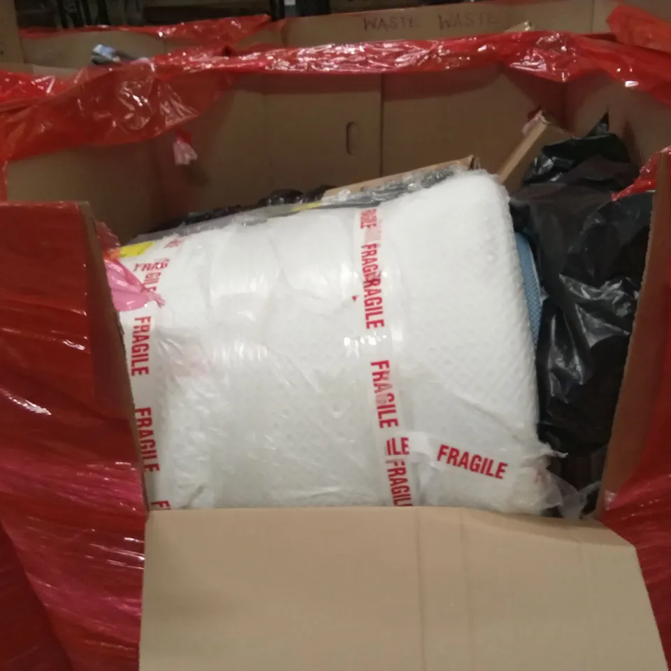 PALLET OF ASSORTED HOUSEHOLD GOODS AND PRODUCTS TO INCLUDE; MATTRESS TOPPER, BOXED FURNITURE ETC