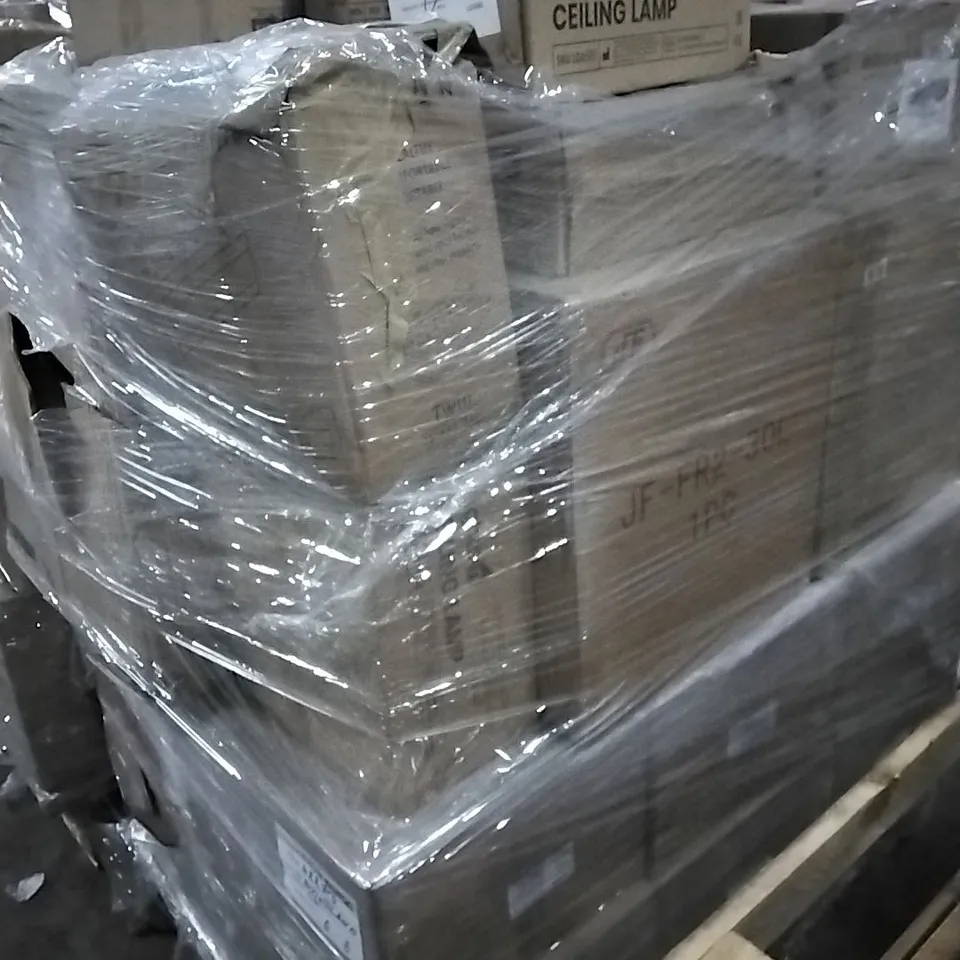 PALLET OF HOUSEHOLD ITEMS TO INCLUDE CEILING LAMPS, FLEXIBLE SANDING BLOCKS, PLASTIC STORAGE BOX AND OTHER ASSORTED ITEMS...