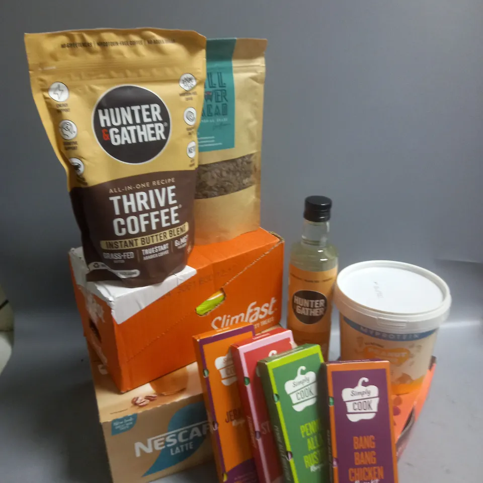 BOX OF APPROX 10 ASSORTED FOOD ITEMS TO INCLUDE - SIMPLY COOK SEASONINGS - MYPROTEIN PEANUT BUTTER - HUNTER&GATHERER PURE C8 MCT OIL ETC