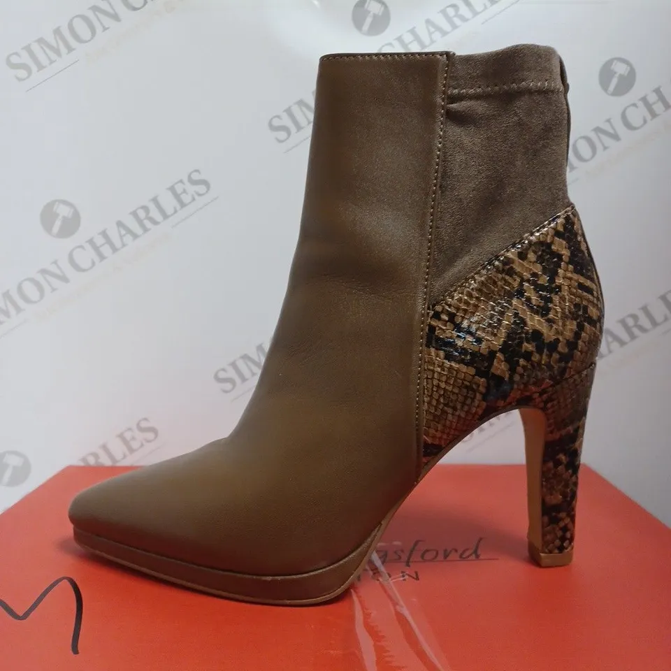 BOXED RUTH LANGSFORD PLATFORM LEATHER ANKLE BOOTS, TAUPE - SIZE 4