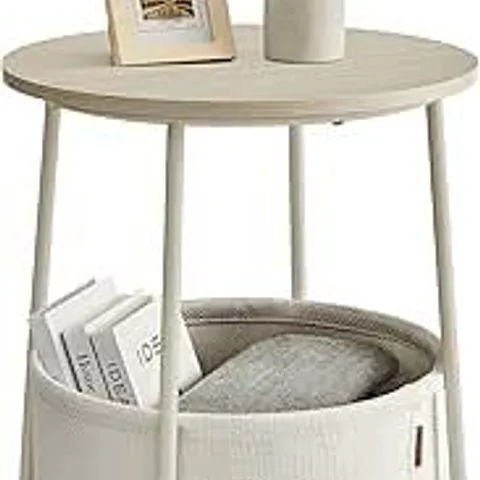 BOXED VASAGLE SIDE TABLE, ROUND END TABLE WITH FABRIC BASKET - WHITE 