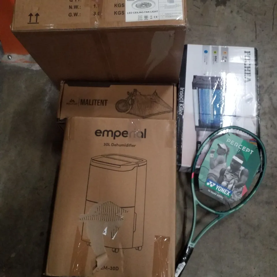 PALLET CONTAINING ASSORTED PRODUCTS INCLUDING LED CEILING FAN LIGHT, 30L DEHUMIDIFIER, INSECT KILLER, TENNIS RACKET & MOTORCYCLE TENT 