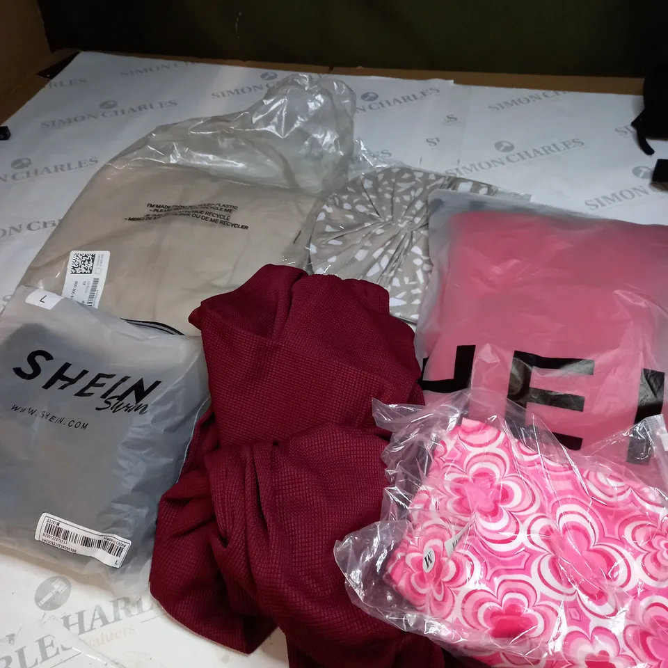  BOX OF ASSORTED CLOTHING ITEMS TOO INCLUDE DRESSES , SHIRTS AND TROUSERS IN VARIOUS SIZES AND COLOURS   