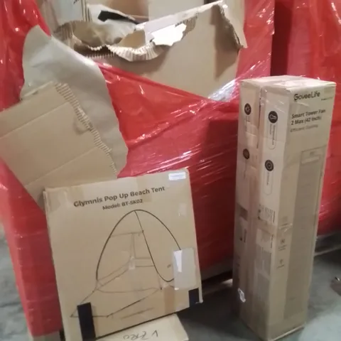 PALLET OF ASSORTED HOUSEHOLD GOODS AND PRODUCTS TO INCLUDE;STEAM CLEANER,POPUP BEACH TENT,GOVEE 42INCH SMART TOWER FAN