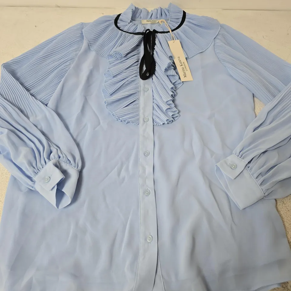 MARINA KANEVA LONDON PLEATED FRILL COLLAR DETAIL LONG SLEEVE BLOUSE, BLUE - SIZE 10
