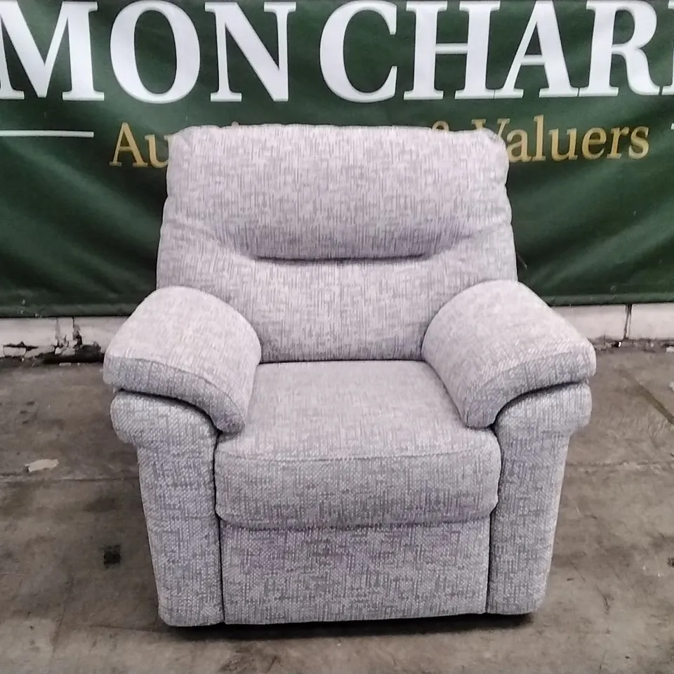 QUALITY BRITISH DESIGNER G PLAN MANUFACTURED SEATTLE ARMCHAIR - REMCO LIGHT GREY FABRIC 