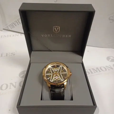 MENS VONLANTHEN AUTOMATIC SKELETON WATCH β V110 - GLASS EXHIBITION BACKCASE β BLACK LEATHER STRAP
