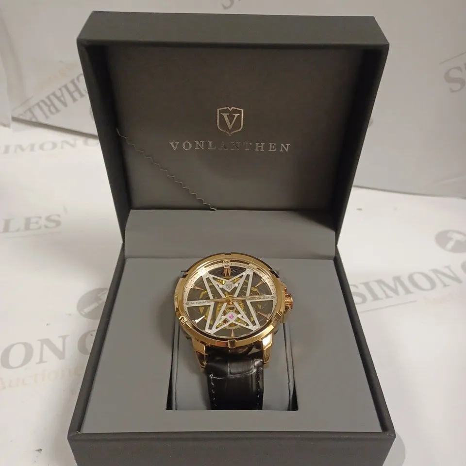 MENS VONLANTHEN AUTOMATIC SKELETON WATCH – V110 - GLASS EXHIBITION BACKCASE – BLACK LEATHER STRAP