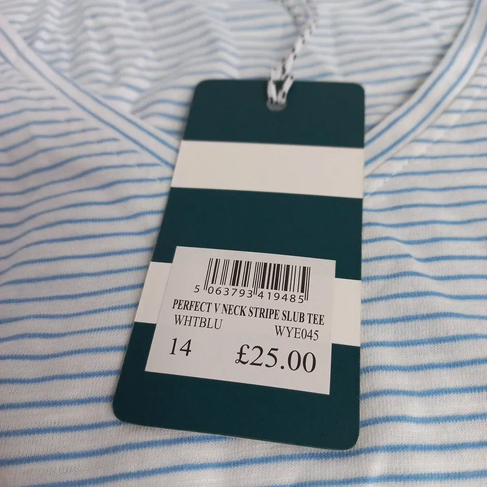 CREW CLOTHING COMPANY STRIPE SLUB TEE – WHITE/BLUE, UK 14