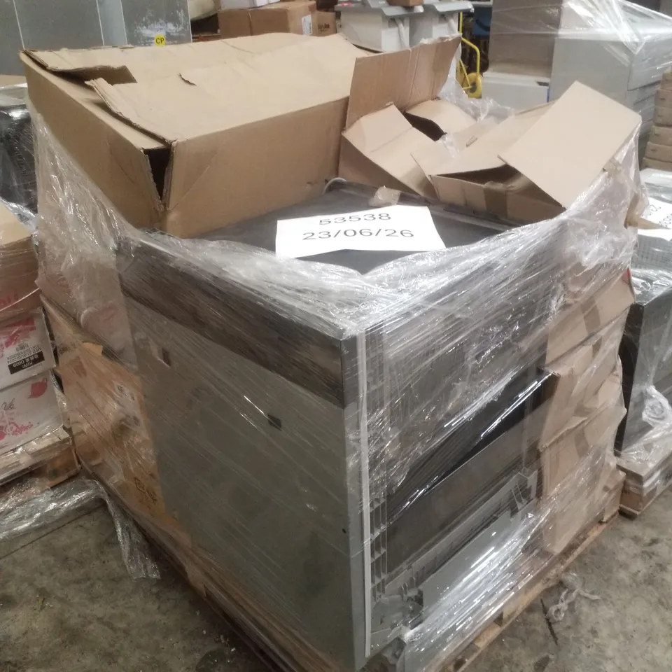 PALLET CONTAINING ASSORTED PRODUCTS INCLUDING BOSCH INTEGRATED DISHWASHER, LAWNMOWER GRASS CATCHERS & CHAIR ARMS