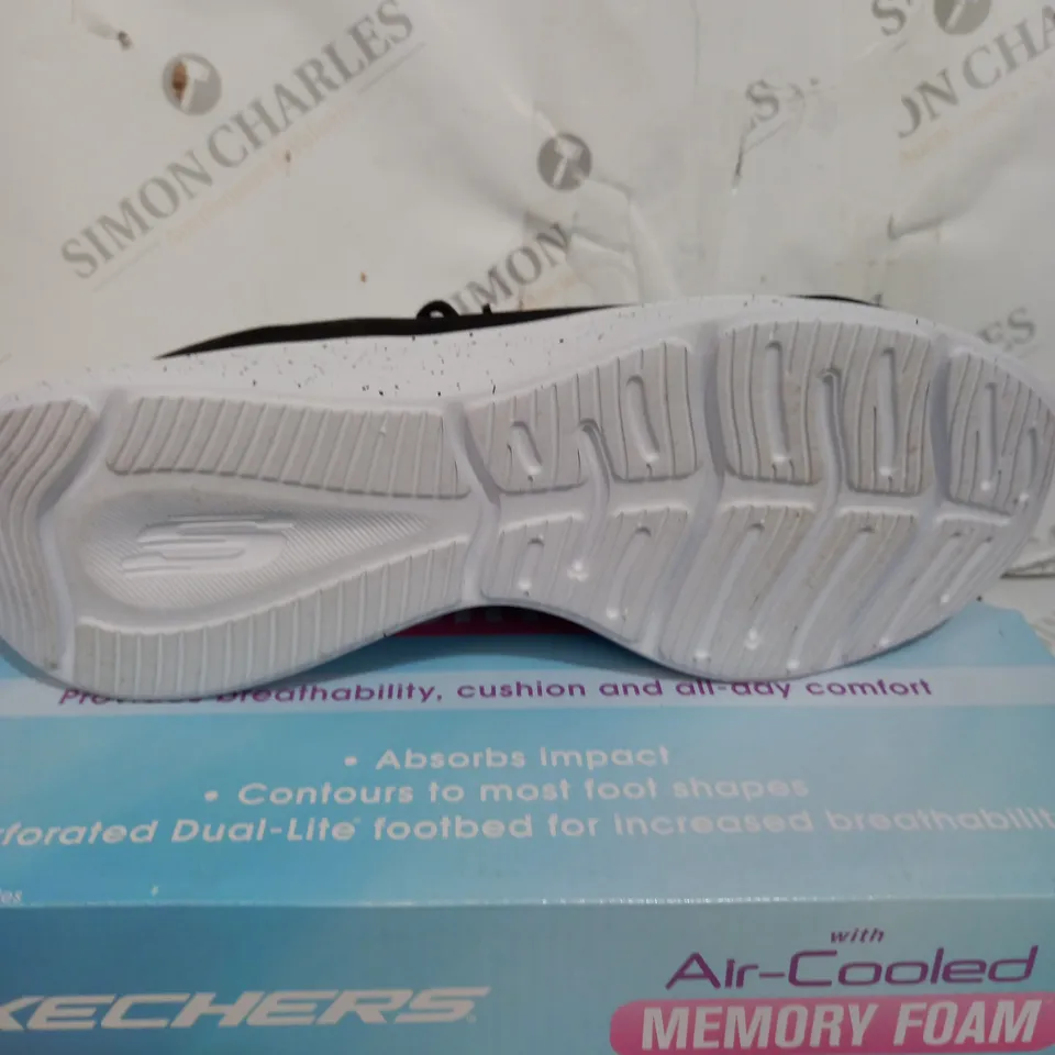 BOXED PAIR OF SKETCHERS TEXTILE MESH TRAINERS IN BLACK SIZE 7