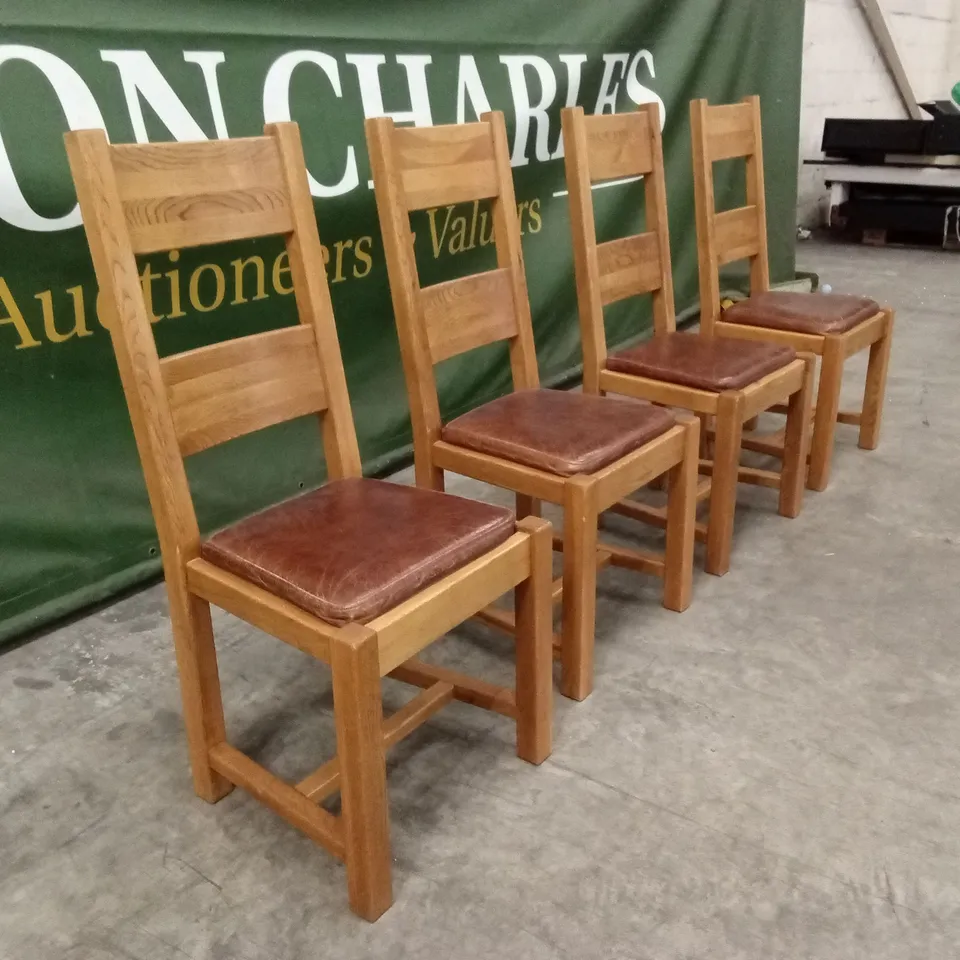 SET OF 4 DESIGNER SOLID WOOD DINING CHAIRS WITH LEATHER SEAT PAD