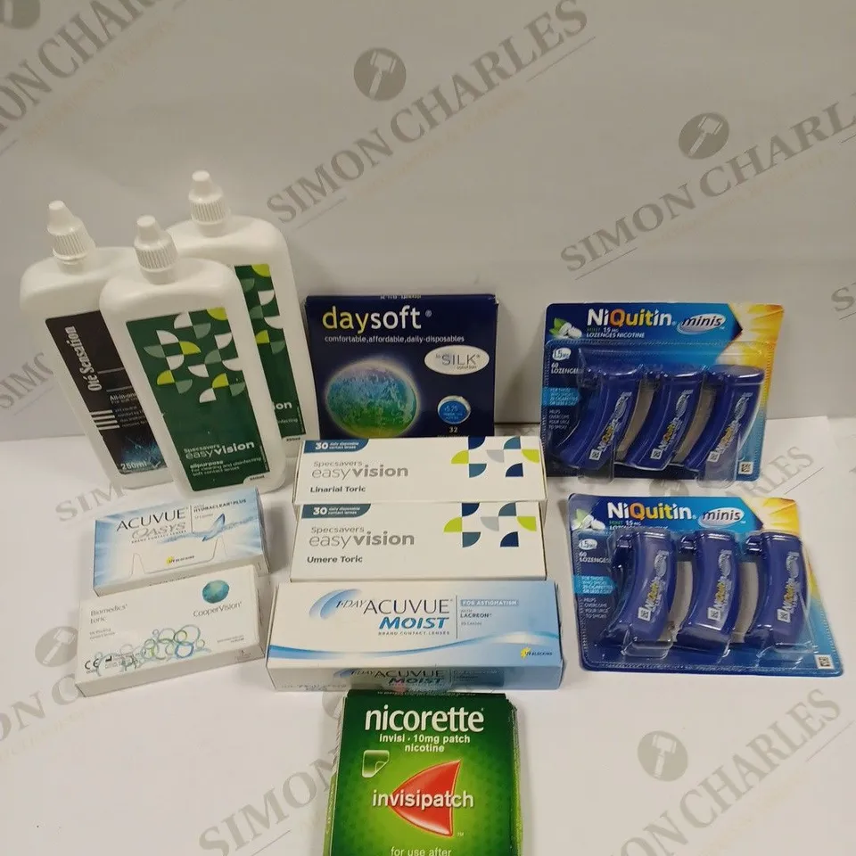 BOX OF APPROXIMATELY 30 ASSORTED HEALTH & EYECARE PRODUCTS TO INCLUDE NICORETTE LOZENGES, CONTACT LENSES, CONTACT SOLUTION ETC	